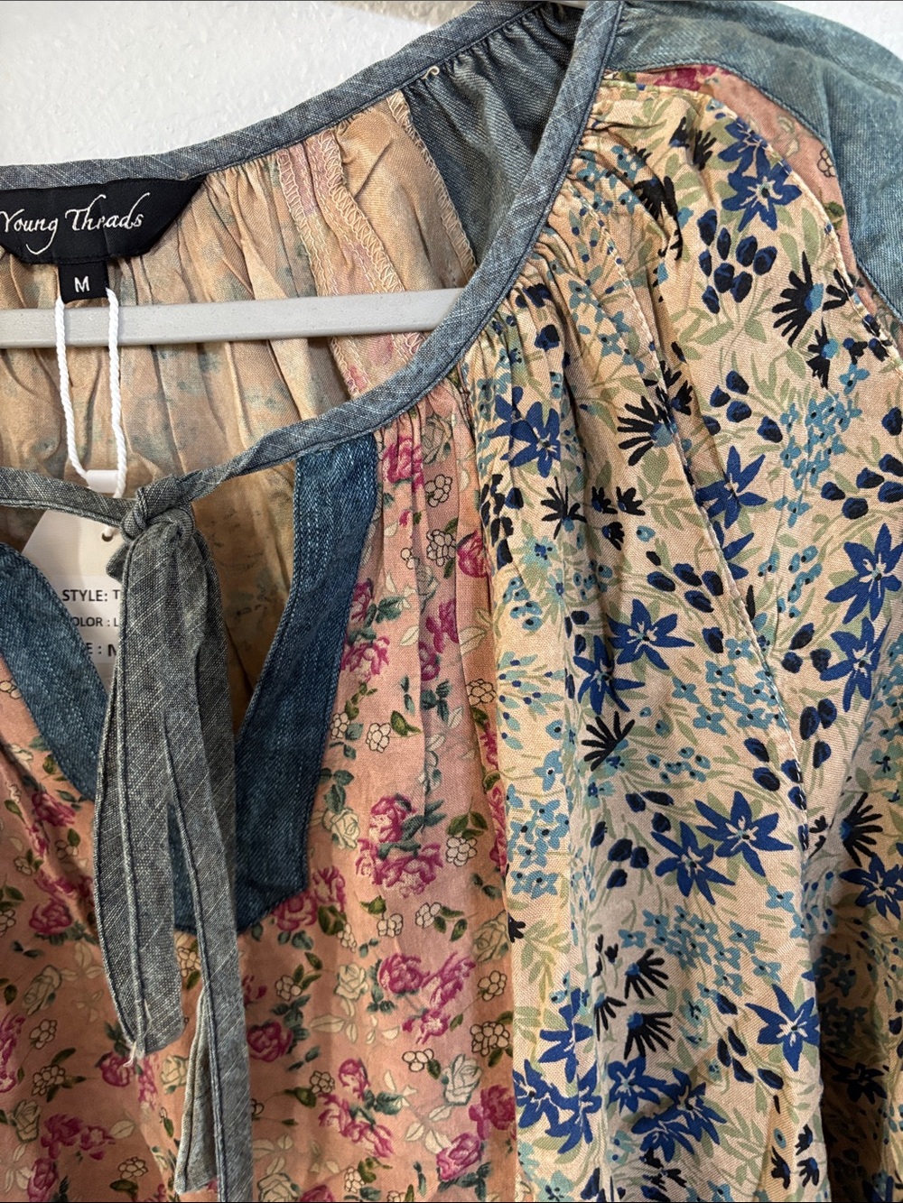 Patchwork Floral Tie-Front Crop Top in Cream, Blue and Pink - Picture 3 of 10